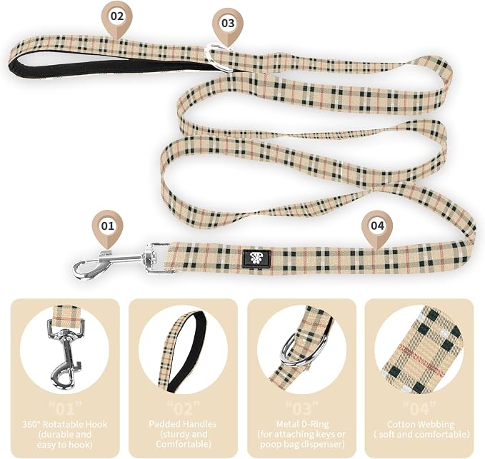 NESTROAD Dog Collar and Leash Set,Soft Neoprene Pet Collar with Quick Release Buckle,Adjustable Nylon Dog Collars for Small Medium Large Dogs(Medium,Cherecked Beige)