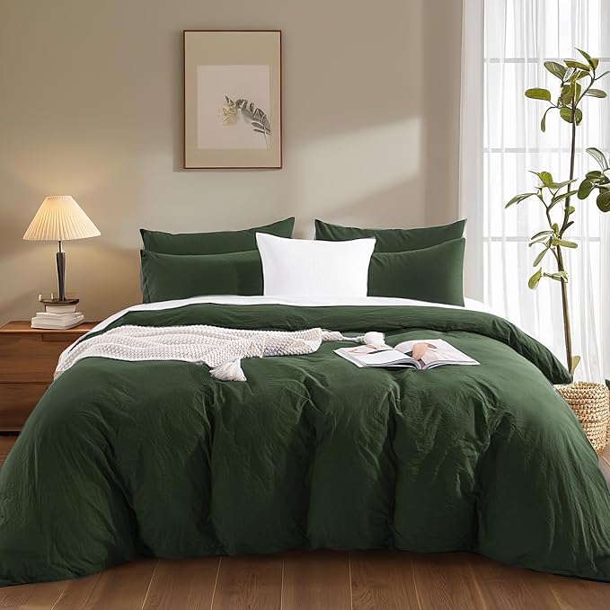 NEXHOME PRO Full Duvet Cover Set – 100% Certified Organic Cotton with Washed Feel & Linen-Like Texture, Comfortable & Breathable, Home Bedding Set Olive Green (No Comforter)