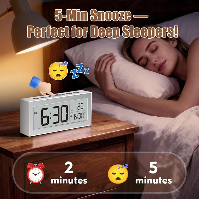 ALANAS Battery Operated Alarm Clock, Portable Digital Clock with Large Display, Snooze, Temperature & Date, Auto-Dim Night Light for Easy Reading, Ideal for Seniors, Kids, Bedroom, Travel, Nightstand