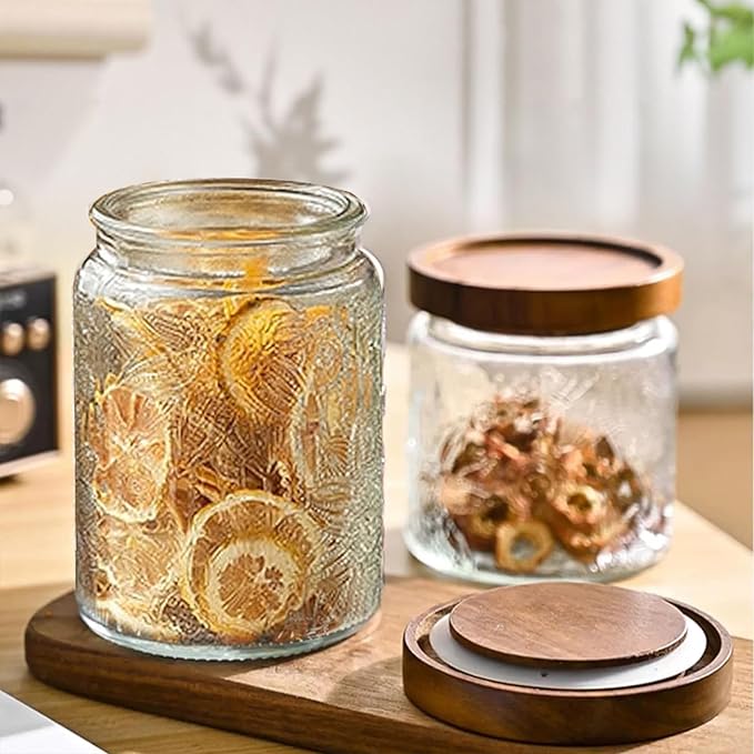 24 OZ Airtight Glass Storage Jar with Bamboo Lid - Vintage Glass Jar Vintage Food Containers Canisters Set for Kitchen Counter & Pantry - Ideal for Sugar, Flour, Coffee, Tea, Candy, Oats, Cereal | 24oz Decorative Container Set with Silicone-Sealed Bamb...