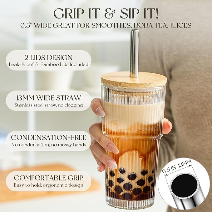 KEMORELA 20oz Ribbed Glass Tumblers with Reusable Stainless Steel Straws, Bamboo & Leak-Proof Dual Lids, Extra-Wide 13mm straw, 2Pc Vintage Drinking Glasses for Boba,Iced Coffee, Smoothies,Travel Cups