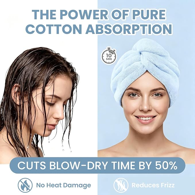 Mandydov 100% Cotton Hair Towel Wrap for Women, 2 Pack Thickened & Super Absorbent Turbans, Anti Frizz Quick Dry Hair Towels (White, Blue)