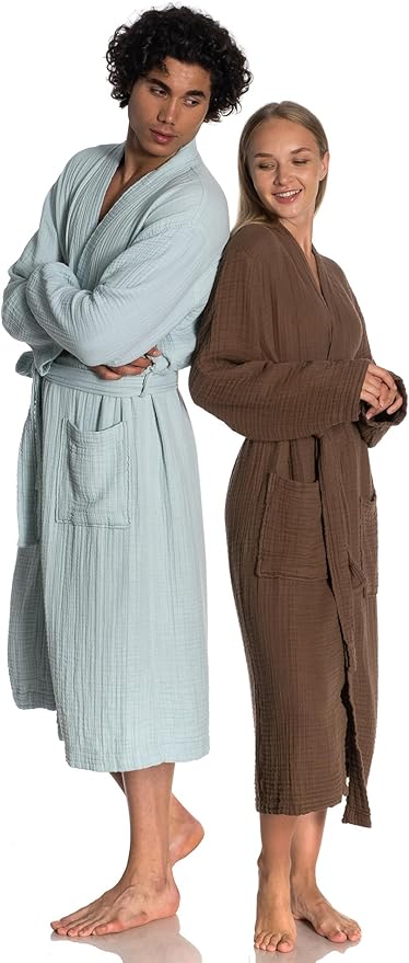 Muslin Unisex Bathrobe Women & Men, 100% Cotton Kimono Lightweight Robe | Long Robes Soft, Absorbent, Spa robes