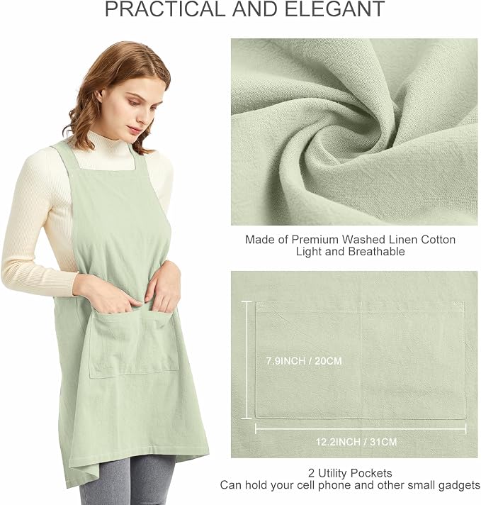 ELEZAY Aprons for Women with Pockets Plus Size Comfort Cross Back No Tie Cotton Linen Apron Pinafore