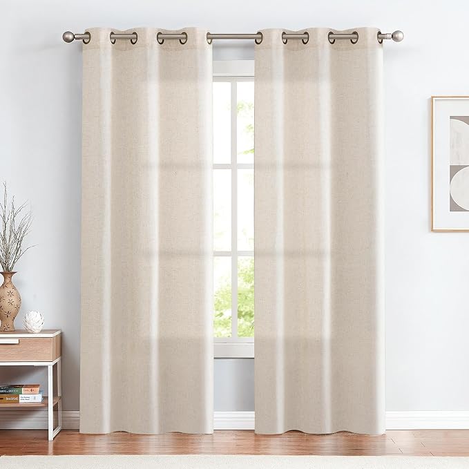 jinchan Beige Linen Curtains 96 Inches Long for Living Room 2 Panels Set, Neutral Crude Light Filtering Curtains Farmhouse Window Grommet Drapes for Sliding Glass Doors Semi Sheer Curtain Panels 38"W
