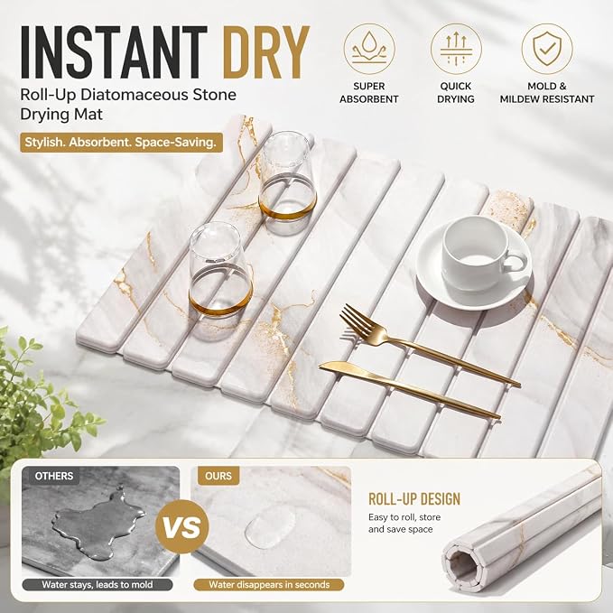 Diatomaceous Earth Dish Drying Mat for Kitchen Counter, Fast Drying Stone Dish Drying Mat with Non-Slip Feet for Dishes, Cups & Bathroom, Coffee Bar & Pet Bowls (White Gold, 16" x 12")
