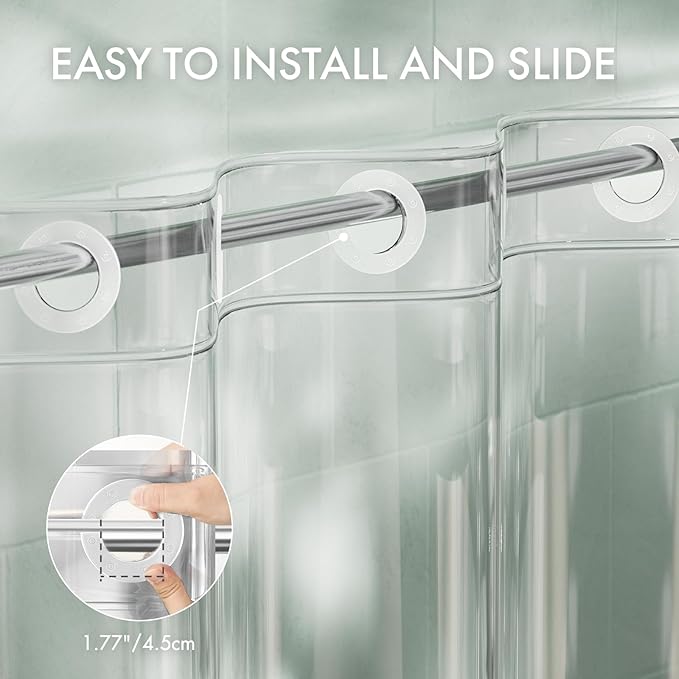 AmazerBath No Hook Shower Curtain and Liner 3-in-1, 100% EVA Luxury Soft Heavy Duty Clear Shower Liner, 72x75 Hookless Shower Curtain with 3 Heavyweight Stones