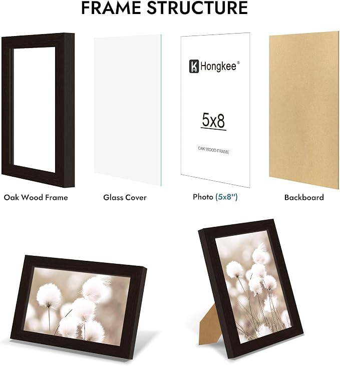 Hongkee 5x8 Oak Wood Picture Frame (1 Pack, Black) with Real Glass Cover | 5 x 8 Solid Wood Frame for Wall or Tabletop Display - Includes Easel Back, Vertical Hang - Ideal for Home, Office