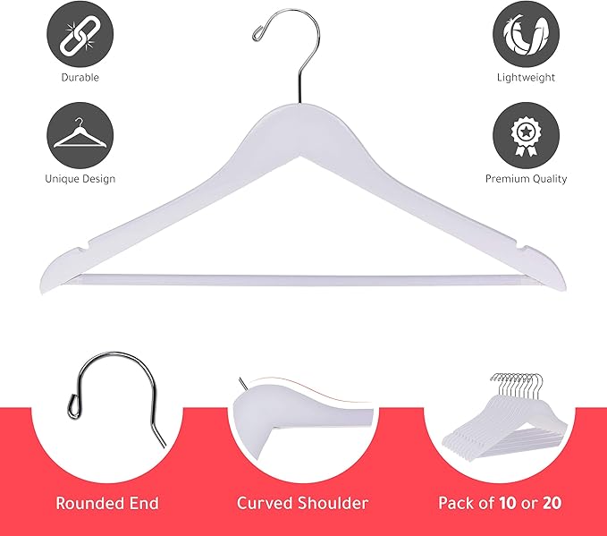 Quality Wooden Hangers - Slightly Curved Hanger 90 Pack Sets - Solid Wood Coat Hangers with Stylish Chrome Hooks - Heavy-Duty Clothes, Jacket, Shirt, Pants, Suit Hangers (White, 90)