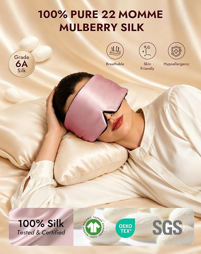 SilkSilky Silk Sleep Mask for Side Sleepers - 22 Momme 100% Mulberry Silk, Wide Face-Hugging 3D Eye Mask for Total Blackout, Zero Pressure & Adjustable Band for Women Men (Pale Mauve)
