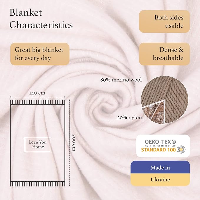 LYHome Merino Wool Blanket - Warm Throw for Cold Weather, Warmest Travel Outdoor Camping Blankets, Picnic Army and Military Throws, Comforter Soft & Cozy (55" x 79" Pink with White Rhombus)