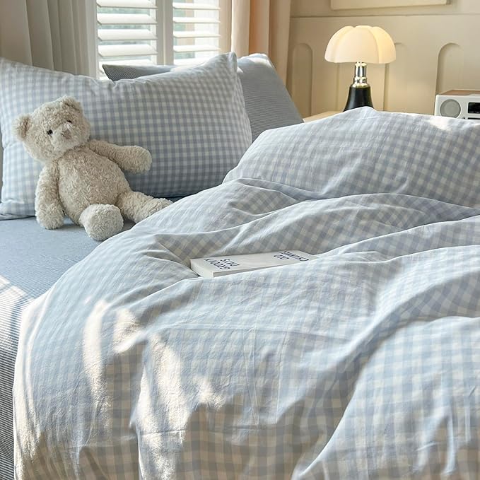 mixinni Light Blue Gingham Duvet Cover Set Twin XL Size - 100% Washed Cotton 3 Piece Plaid Checkered Bedding Set, Soft Comfy Grid Farmhouse Comforter Cover with Zipper Closure & Corner Ties