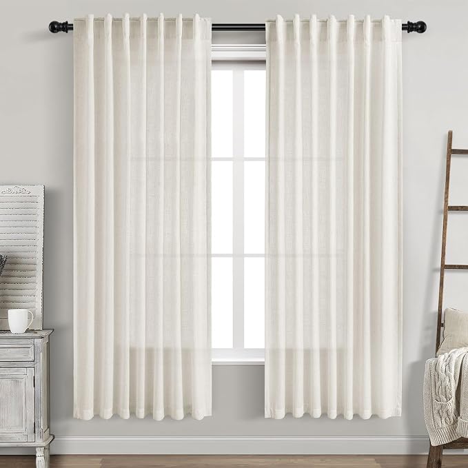 Nanspring Cream Semi Sheer Linen Curtains 69 Inch Length for Living Room Back Tab Rod Pocket Modern Farmhouse Coastal Decor Cotton Textured Gauze Curtains for Dining Room Office Kitchen 52x69