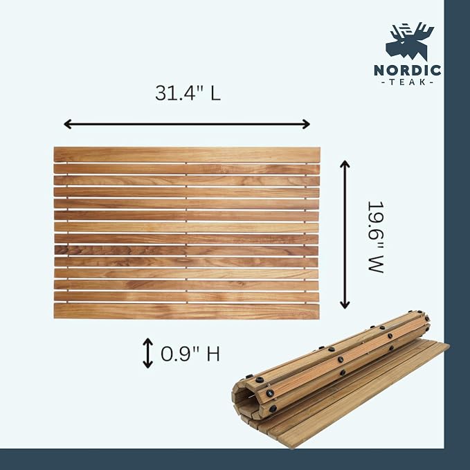 Nordic Teak 100% Solid Teak Wood String Mat - Indoor and Outdoor Use - Non-Slip Wooden Platform for Sauna, Pool, Hot Tub Flooring Decor and Protector (Natural Finish, 31.4" x 19.6")
