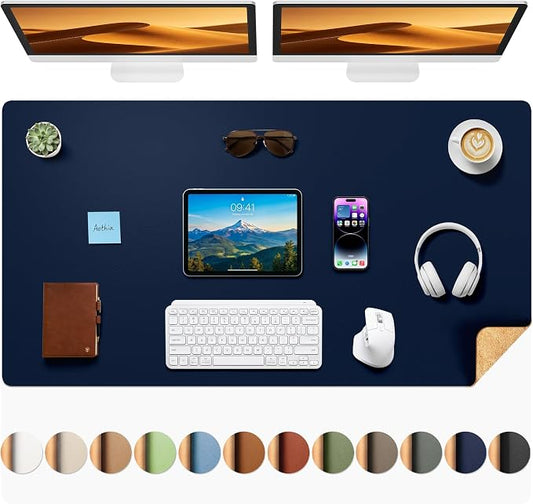 Aothia Dual-Sided Desk Mat, FSC Cork & PU Leather Desk Pad, Large Mouse Pad & Writing Surface for Full Desk Coverage, Non-Slip Waterproof Desk Protector - 47" x 23.6", Dark Blue
