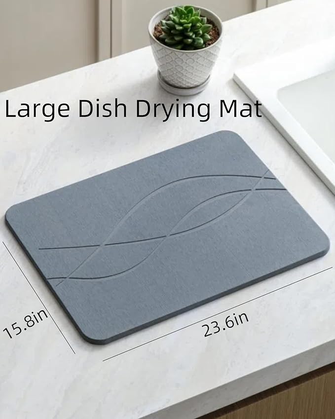 Large Stone Drying Mat for Kitchen Counter, Water-Absorbent Diatomaceous Earth Dish Drying Mats, Quick Dry Stone Dish Drying Mat Multi-Purpose Stone Drying Tray for Cups Dishes Bottles 24*16in, Grey
