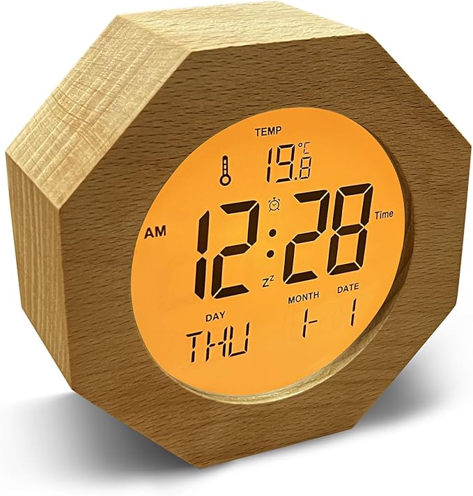 JoFomp Wooden Alarm Clock for Bedroom, 4'' LCD Nightlight Small Digital Clock Battery Operated, Loud Alarm Clock for Heavy Sleepers, Alarm Bedside Clock with Temp/Snooze/Date/Week/Countdown - 12/24H