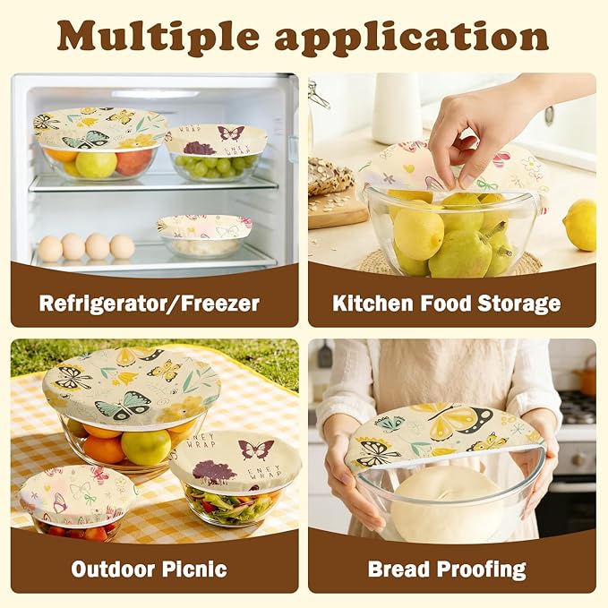 Reusable Beeswax Bowl Covers for Bread Proofing & Food Storage, Eco-Friendly Organic Cotton & Natural Wax & Resin, for Baking, Picnic, Pet Food, Sustainable Kitchen (Butterfly001, 2*12''+2*10''+2*8'')