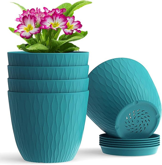 WSMKSZ 6 inch Plant Pots, 5 Pack Flower Pots with Drainage Holes and Saucers for Indoor Plants, Plastic Planters with Water Ripple for Small Garden House Plants, Nursery Pots for Succulent, Blue Green
