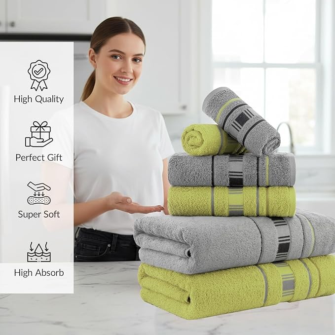 CASA COPENHAGEN X Line 6Pcs 100% Egyptian Cotton Large Designer Towels Gift Set- Silver Grey - Green, 600 GSM, 2Bath 2Hand 2Washcloths, Bath Towels for Bathroom (Gift Set for Women & Men)
