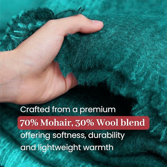 Biddy Murphy Ultra Soft Irish Mohair & Wool Throw Blanket, Made in Ireland, 54"x72", Solid Green