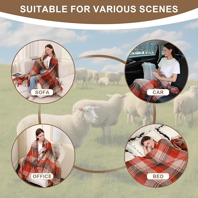 100% Wool Blanket Throw,Burgundy Plaid Wool Blanket with Compact Bag,Rustic Soft Lightweight Blanket for Couch,Sofa,Bed & Lounging Decoration,Travel Blanket for Home, Airplane,Ideal Gifts 55"x83"