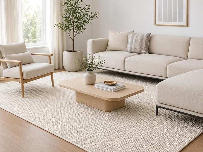 Handwoven Wool Area Rug - Hand Woven Natural Carpet Rugs- Bedroom Living Room Dining Room (Ivory- 5'x8')