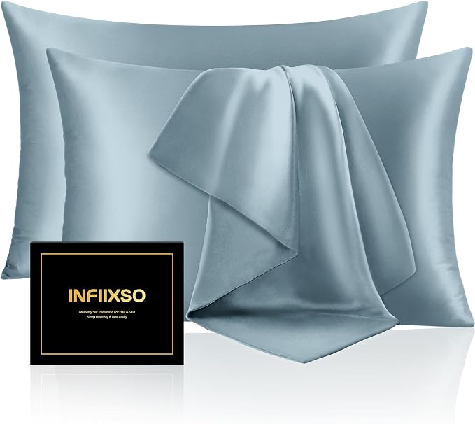 INFIIXSO Mulberry Silk Pillow Cases King Size Set of 2, Silk Pillowcase with Hidden Zipper 20"x36", Extraordinary Smooth and Soft Pillow Case for Hair and Skin(Airy Blue, 2 Pack)