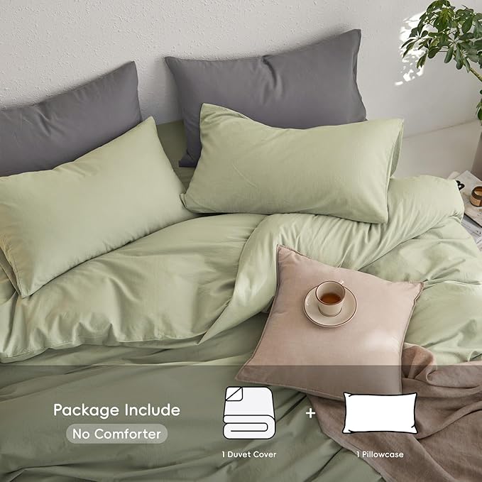 MooMee Queen Duvet Cover Set, 100% Washed Cotton Linen Like Twill Thick Sturdy Material Super Soft Breathable Durable Bedding for All Season, 3 Pieces (Mist Sage, Queen 90"x90")