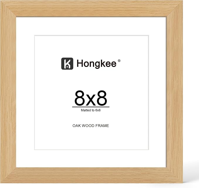 Hongkee 8x8 Oak Wood Picture Frame 1 Pack(Matted 6x6) with Real Glass Cover | Natural, 8 x 8 Solid Wood Frame for Wall or Tabletop Display - Includes Easel Back, Vertical Hang - Ideal for Home, Office