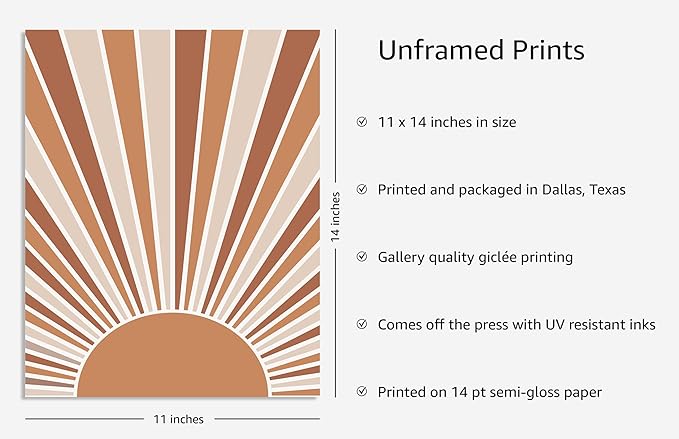 Y2K BOO Boho Rising Sun UNFRAMED Wall Art Sunburst Rays Earth Tones Terracotta Mid Century Modern 11x14 Inch Heavyweight Paper Minimalist Aesthetic Decor
