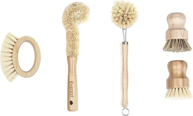 Eco Friendly Kitchen Dish Cleaning Set - Biodegradable & Highly Durable - 5 Piece Set - Coconut, Sisal, Palm Fibers - Brown Wooden Handle
