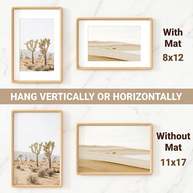 11x17 Picture Frame, USA-Sourced Beech Wood Photo Frames with HD Tempered Glass, Handcrafted Rounded Corner 11 x 17 Wooden Frame Matted to 8x12 Photos, 11x17 Frames, Tabletop or Wall Display