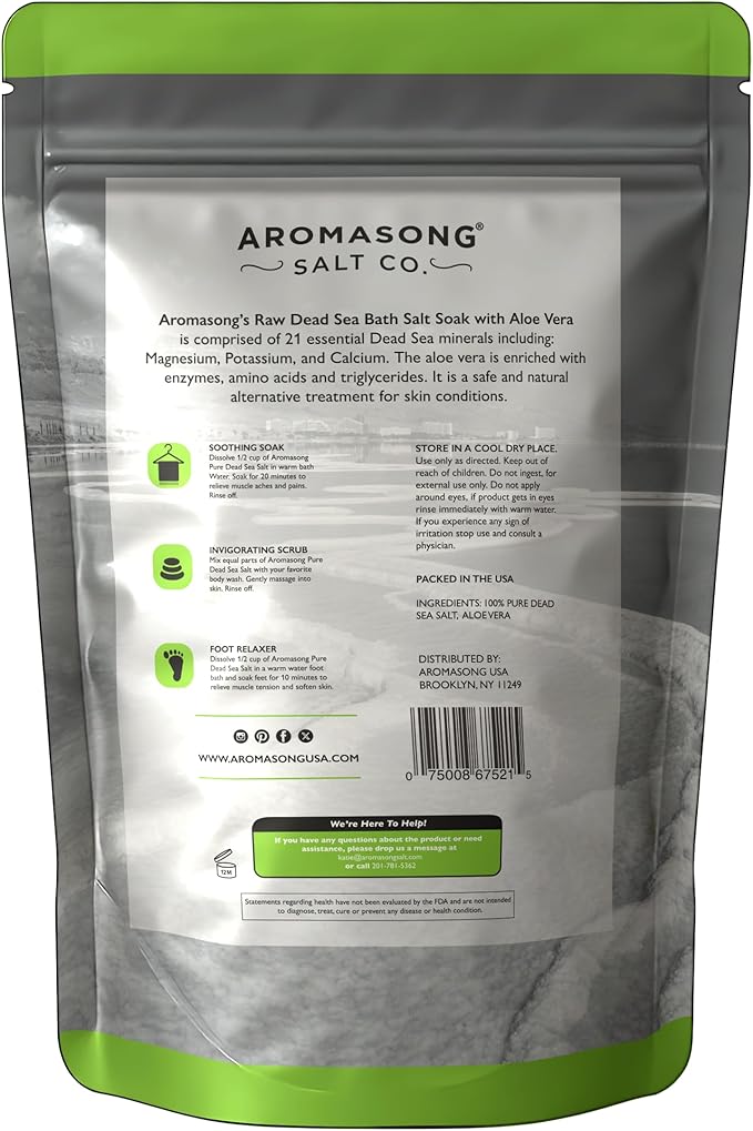 Aromasong 5 lbs Raw Dead Sea Salt with Organic Aloe Vera, not Cleaned, Still Contains All Dead sea Minerals Including Dead sea Mud, Fine Medium Grain Large resealable Bulk Pack (Packaging May Vary)