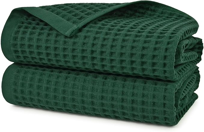 Jacquotha Waffle Bath Towels 2-Piece (Forest Green) - Cotton, Soft, Quick Dry, 31” x 62” Shower Towels for Bathroom Decor, Beach, Guest