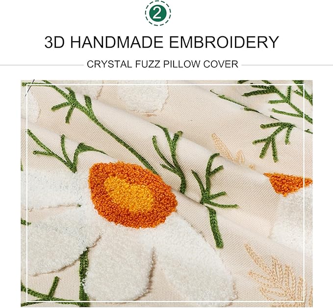 Embroidered Throw Pillow Cover 18x18 Inch,Cotton Canvas Floral Pillow Case, Daisy Wildflower Leaf Boho Farmhouse Decorative Cushion Square for Sofa Bedroom Living Room Outdoor Couch (A006)