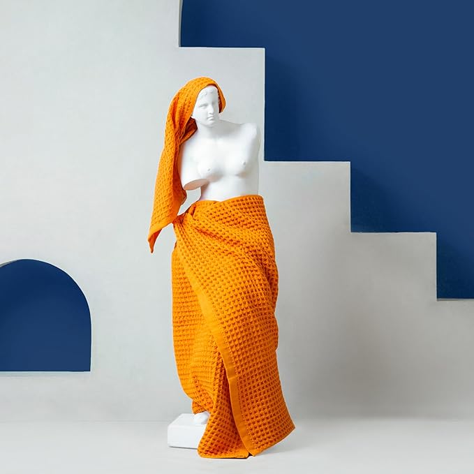 Luxury Organic Japanese Cotton Waffle Bath Towel | Thick, Absorbent, Quick Dry Bathroom Towels for Shower, Sauna, Onsen| Hotel & Spa Quality, Gift-Ready (Coral Orange, Bath Sheet Set (3-Piece))