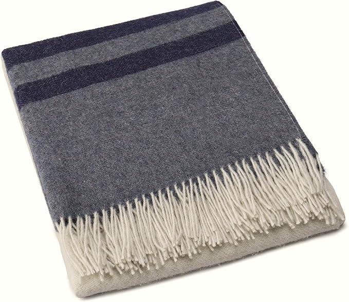 Superfine Alpaca Wool Throw Blanket - Lightweight Alpaca Merino Wool Throw Blankets | Soft Peruvian Alpaca Blanket Wool Blanket Striped Design 63" x 52" (Ivory/Blue Jean/Navy Blue)