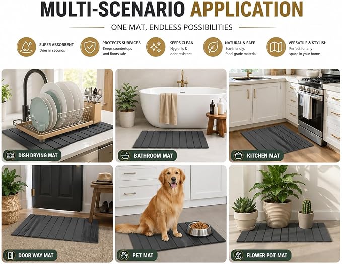 Stone Dish Drying Mat for Kitchen with Sink Splash Guard Counter, Foldable Quick Dry Dish Drying Mats, Absorbent Diatomaceous Earth Stone Drying Mats for Plate Rack Bottles Cups (Gray, 18"L×12"W)