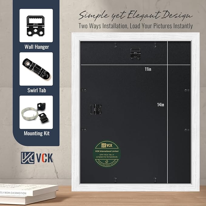 VCK 11x14 Picture Frames White 3 Pack, Wide Border Wood, Tempered Glass, Display 8x10 Photo with Mat or 11 x 14 without, for Home, Office, Gallery, Woodgrain Series, Wall Hanging