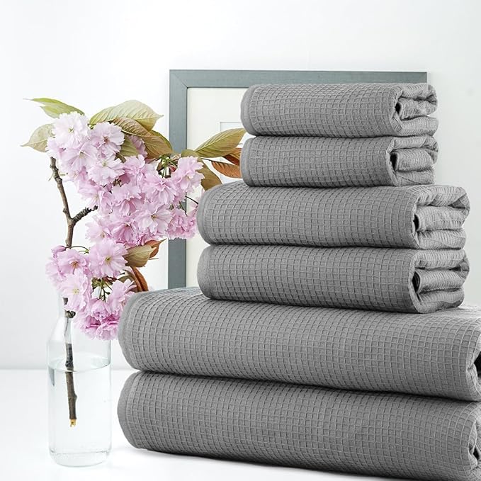 CASA COPENHAGEN Waffle 6Pcs 100% Egyptian Cotton Large Designer Towels Gift Set- Grey Violet, 2Bath 2Hand 2Washcloths, Bath Towels for Bathroom (Box Pack, Set for Women & Men)