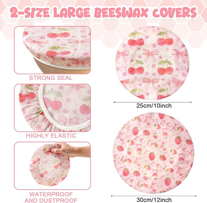 2-Pack Reusable Beeswax Bowl Covers with Pink Bow & Fruit Pattern, 10/12 Inch Elastic Cotton Food Storage Covers for Bread Proofing, Sourdough Dough & Kitchen Containers