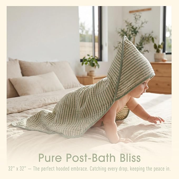 Ultra-Soft Muslin Baby Towel - 32 x 32 Inches, Ideal for Bath & Beach, Suitable for Both Boys & Girls from Newborns to Toddlers (Sage Green Stripes)