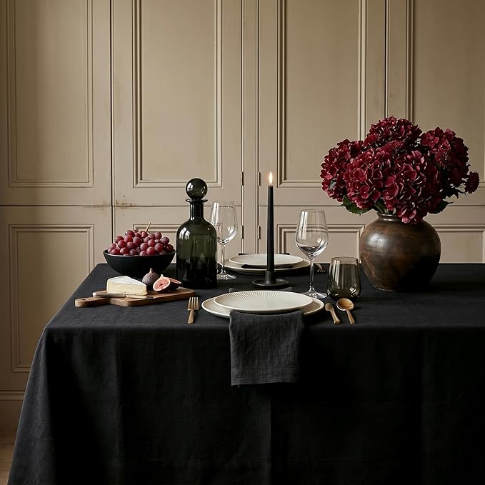 Solino Home Linen Black Tablecloth 60 x 108 Inch - 100% Pure Linen Rectangular Tablecloth - Machine Washable Table Cloth - Fete