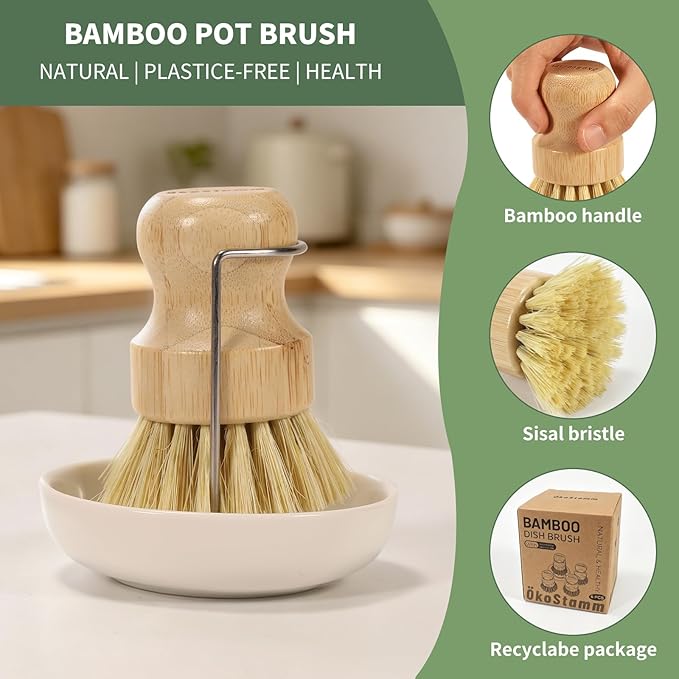 6 PCS Bamboo Dish Brush Set - Natural Scrub Brush for Dish with Tray and Drain Holder, Wooden Dish Scrubber for Kitchen Cleaning Dishes, Pots, Pans and Vegetables (6)