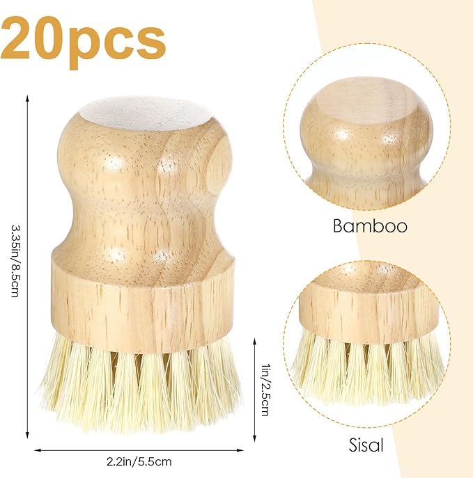 Molain 20 Pack Bamboo Dish Brush Set, Natural Dish Scrub Brush with Handle, Wooden Dish Scrubber for Kitchen Cleaning, Eco-Friendly Scrub Brush for Dishes, Pots, Pans, and Vegetables