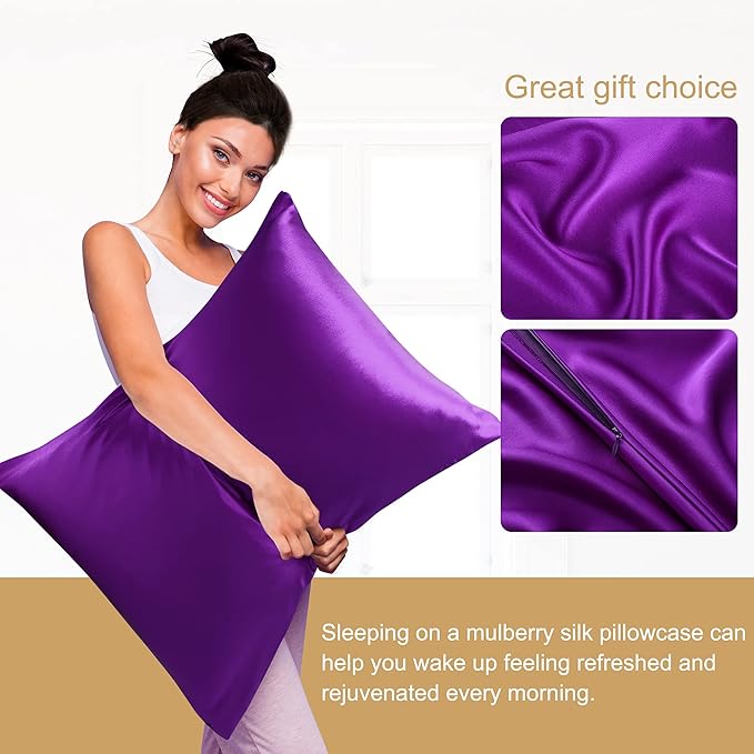 uxcell 1 Pack 100% Charmeuse Pure Silk Pillowcase for Hair and Skin, 350TC 19 Momme Soft Breathable Pillow Case with Hidden Zipper, Purple Standard(20x26inch)