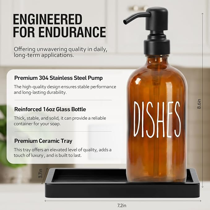 MOMEEMO Glass Soap Dispenser with Pump, Kitchen Sink Soap Dispenser with Ceramic Tray and Stainless Steel Pump, Suitable for Farmhouse Kitchen Decor. (Amber & Black)