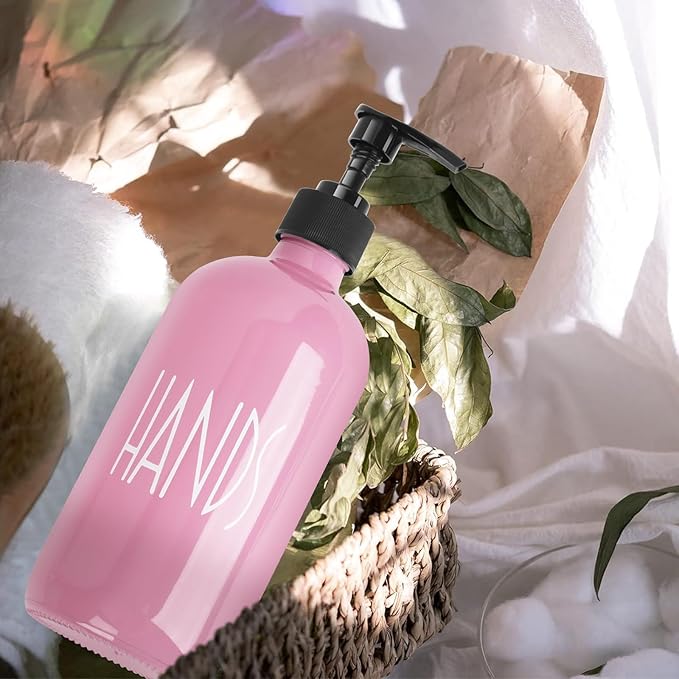 Glass Soap Dispenser with Plastic Pump for Kitchen - 16 OZ Glass Hand Soap Dispenser Set - Kitchen, Bathroom for Decor and Accessories (Pink)