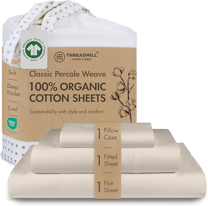 Threadmill Certified by GOTS Organic Cotton Sheets - Twin XL, 3 Piece, Beige - Ultra Soft, Cooling and Breathable Bed Sheet Set - Lightweight and All-Round Elastic Deep Pocket